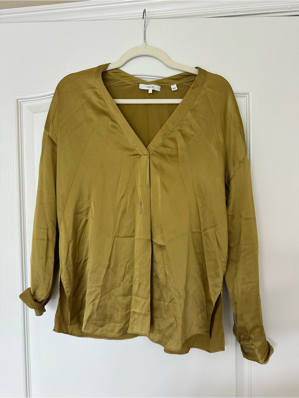 Vince Olive Green V-Neck Satin Blouse